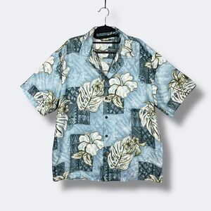 Kolekole Hawaiian Button Up Shirt Men L Blue Floral Tropical Hibiscus Aloha Camp